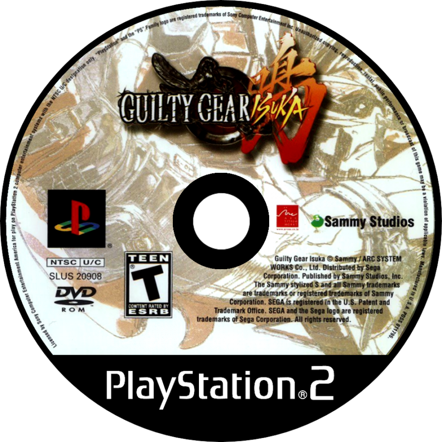 Guilty Gear Isuka PlayStation 2 PS2 for retro video game enthusiasts featuring 2D anime fighting gameplay fast paced combo based combat multiple character battles tag style mechanics unique lane switching system arcade style competitive matches and collectible gaming appeal disc