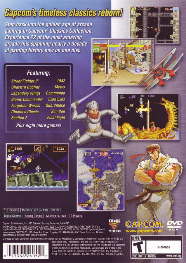 Capcom Classics Collection for PlayStation 2 with a compilation of retro arcade action titles gameplay back cover art