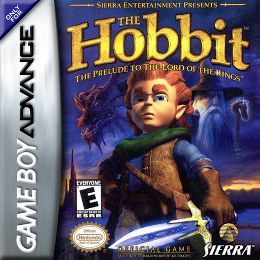 Game Boy Advance game front cover art for 'The Hobbit' with character and dragon illustration.