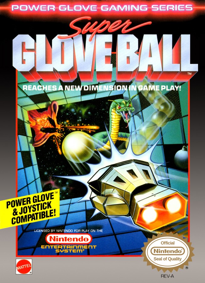 Super Glove Ball Nintendo Entertainment System NES sports action video game featuring first-person ball control glove gameplay bouncing and deflecting balls against walls targets and obstacles fast-paced challenges skill-based action and classic Nintendo Entertainment System NES gameplay collectible retro gaming appeal front cover art