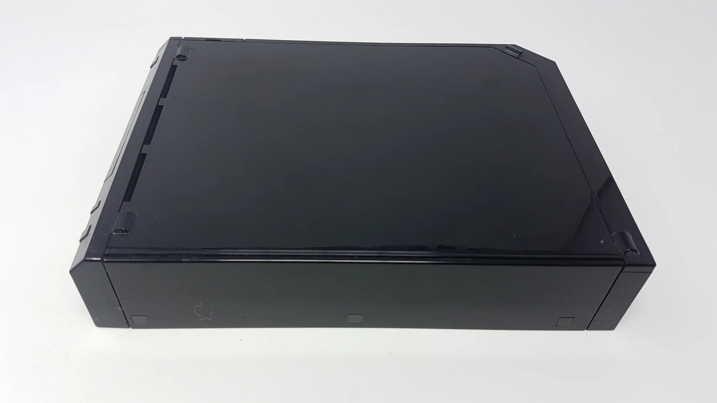 Black Nintendo Wii console positioned horizontally on its side, showing the front disc slot and button layout.
