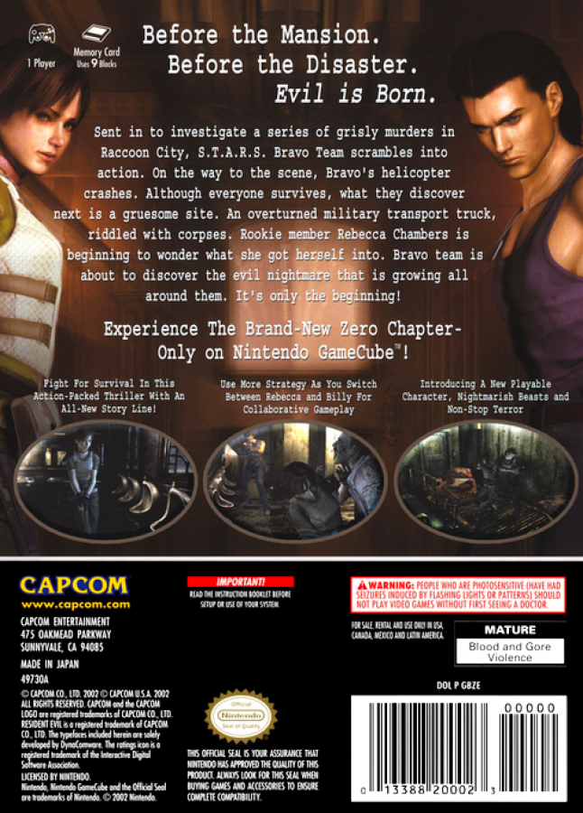 Resident Evil: Zero back of case for Nintendo GameCube (GC) survival horror video game