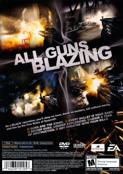 Black PS2 Sony PlayStation 2 first person shooter FPS military action game Criterion Games cinematic gunplay destructible environments heavy weapons realistic combat missions fast paced shooting focus retro gaming PlayStation 2 software video game title back cover art