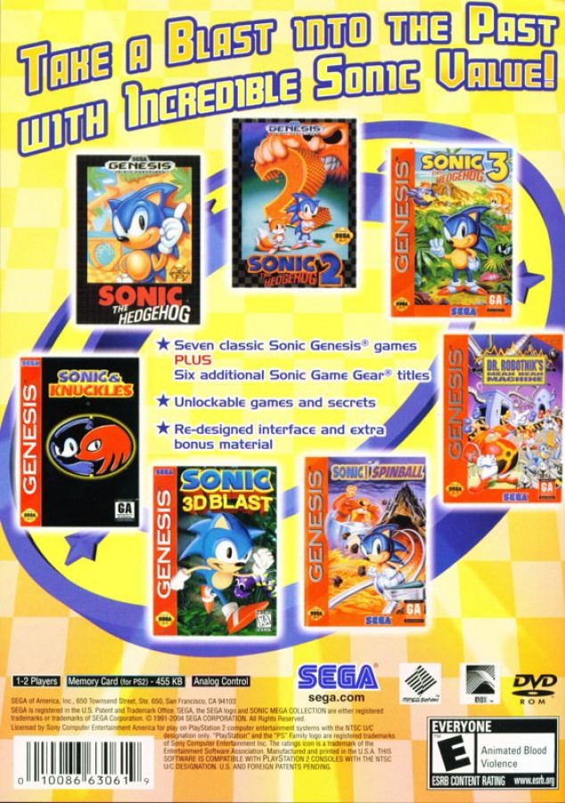 Sonic Mega Collection Plus [Greatest Hits] – PlayStation 2 (PS2) video game back of case, platformer and compilation.
