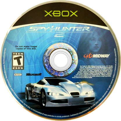 Spy Hunter 2 Xbox XBOX video game featuring vehicular combat action gameplay high speed spy car driving weapon equipped vehicles enemy pursuit missions machine guns missile attacks road combat explosive obstacles secret agent action and classic Xbox arcade driving gameplay retro video game collection collectible gaming appeal disc