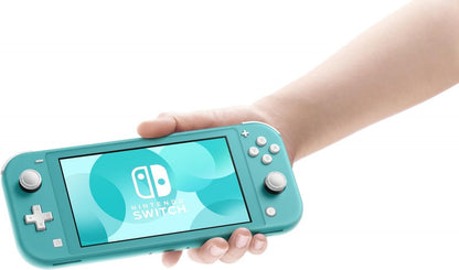 Nintendo Switch Lite system in turquoise featuring a compact handheld design built for portable gaming hand holding