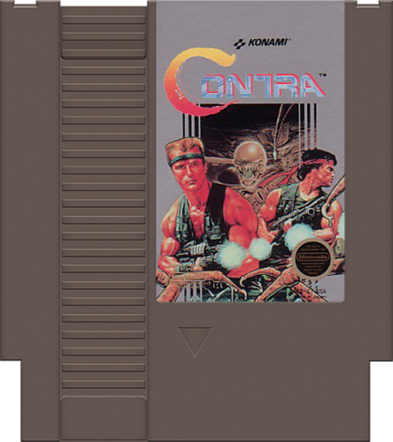 Contra cartridge for the Nintendo Entertainment System featuring fast paced 8 bit run and gun action with co op gameplay as commandos battling alien invaders across intense side scrolling stages cartridge