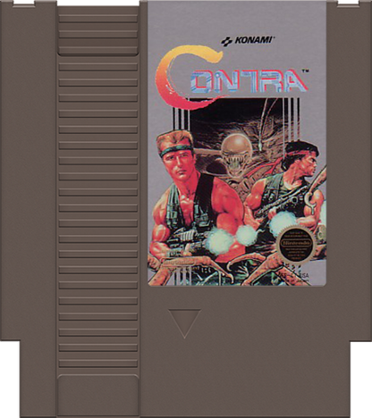 Contra cartridge for the Nintendo Entertainment System featuring fast paced 8 bit run and gun action with co op gameplay as commandos battling alien invaders across intense side scrolling stages cartridge
