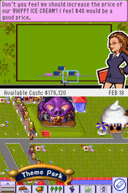 Theme Park Nintendo DS video game, simulation and management, amusement park building and strategy, handheld console title gameplay screenshot