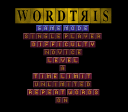 Wordtris for Super Nintendo Entertainment System with word-forming puzzle gameplay theme main menu