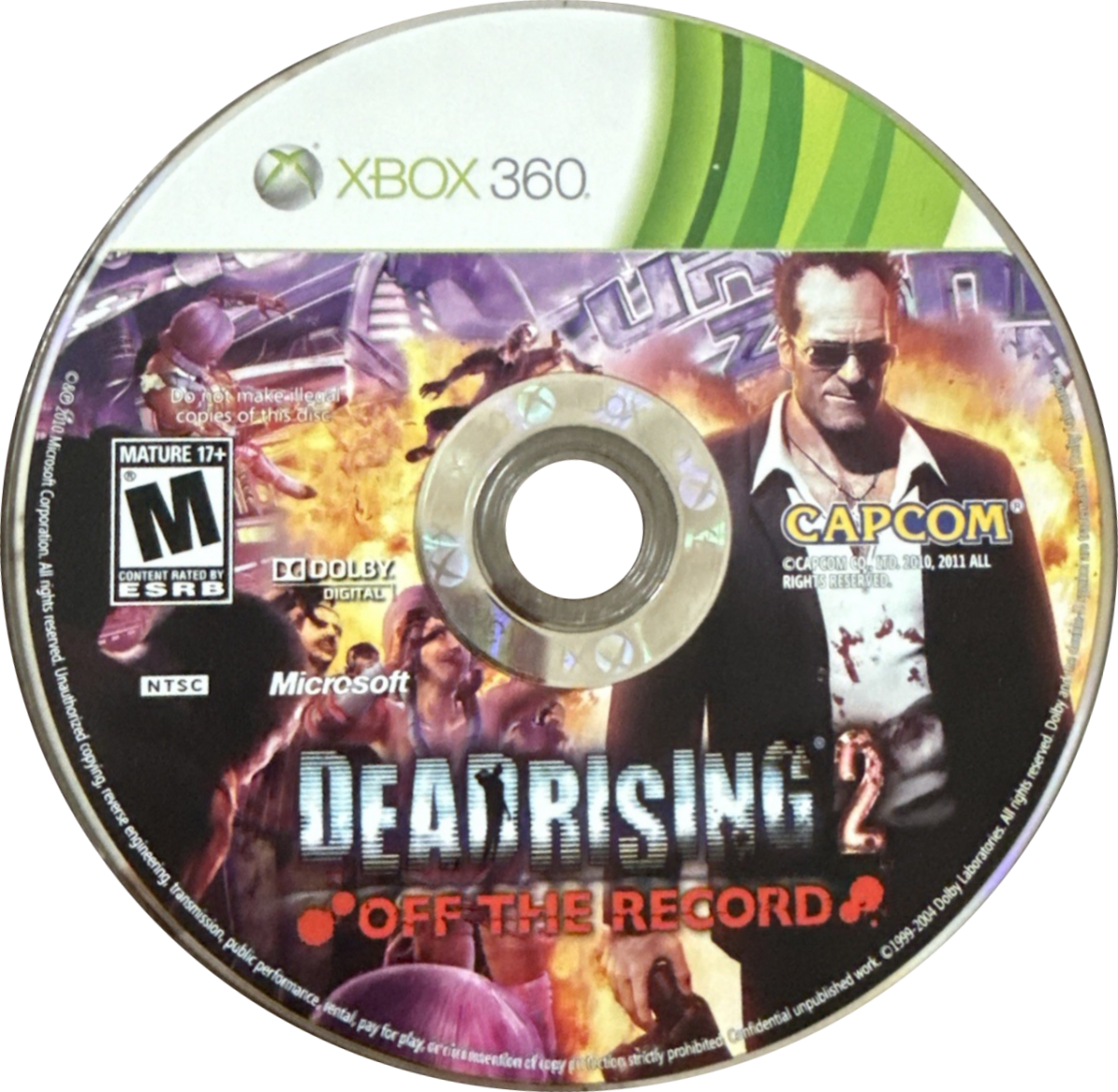 Dead Rising 2 Off the Record Xbox 360 game featuring open world zombie survival action as Frank West with sandbox gameplay combo weapons time based missions co op multiplayer and over the top undead combat by Capcom disc 