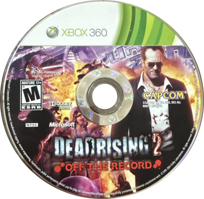 Dead Rising 2 Off the Record Xbox 360 game featuring open world zombie survival action as Frank West with sandbox gameplay combo weapons time based missions co op multiplayer and over the top undead combat by Capcom disc 