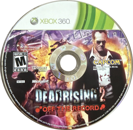 Dead Rising 2 Off the Record Xbox 360 game featuring open world zombie survival action as Frank West with sandbox gameplay combo weapons time based missions co op multiplayer and over the top undead combat by Capcom disc 