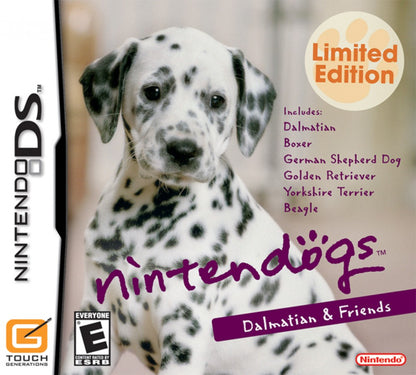 Nintendogs Dalmatian and Friends Limited Edition Nintendo DS pet simulation video game featuring Dalmatian Boxer German Shepherd Golden Retriever puppies touch screen training microphone voice commands Bark Mode virtual pet front cover
