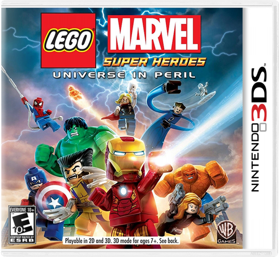 LEGO Marvel Super Heroes Universe in Peril cover art for Nintendo 3DS video game, action adventure, superhero gameplay, LEGO-style combat, handheld console title