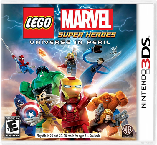 LEGO Marvel Super Heroes Universe in Peril cover art for Nintendo 3DS video game, action adventure, superhero gameplay, LEGO-style combat, handheld console title