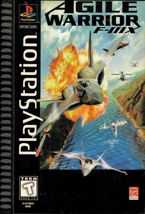 Agile Warrior F-111X [Long Box] for PlayStation 1 (PS1) at Gamers INC, featuring the explosive aerial combat simulator in its rare, collectible early-release "Long Box" packaging; pilot the experimental F-111X fighter through high-stakes missions to neutralize global threats, utilizing a devastating arsenal of missiles and napalm across fully destructible environments in a classic showcase of early 32-bit 3D flight action and cinematic mission briefings front box