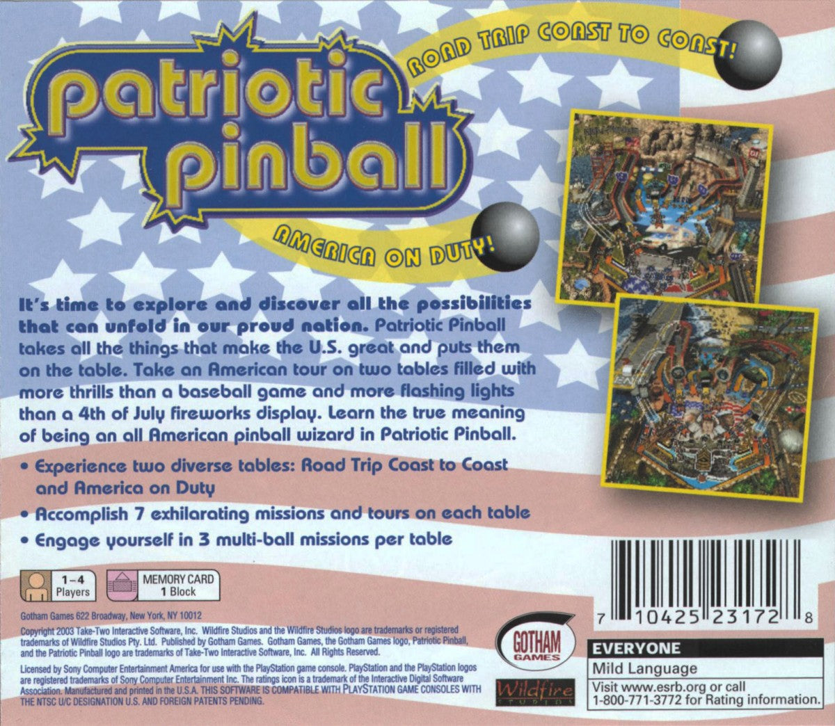 Patriotic Pinball PlayStation 1 PS1 video game, pinball simulation, themed arcade-style tables, classic console title back cover