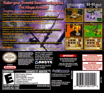 From the Abyss for the Nintendo DS featuring turn based RPG gameplay with dungeon exploration character progression and strategic battles in a fantasy adventure setting back cover