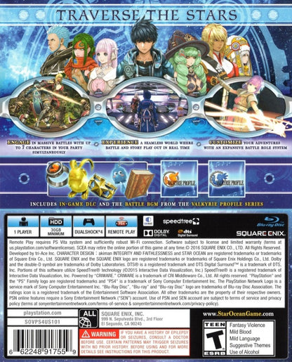Star Ocean Integrity and Faithlessness retro PlayStation 4 video game featuring sci fi fantasy RPG combat, real time battles, anime storytelling and space adventure gameplay - back of case