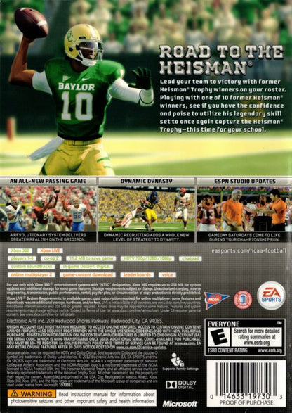 NCAA Football 13 Xbox 360 X360 video game featuring college football sports simulation gameplay NCAA college teams and players offensive play calling passing plays rushing attacks defensive strategies touchdown scoring college stadiums dynasty mode recruiting challenges Road to Glory career mode and classic Xbox 360 college football action retro video game collection collectible gaming appeal back cover