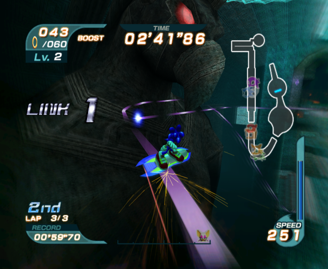 Sonic Riders gameplay for GameCube (GC) game featuring high-speed hoverboard racing and arcade-style competition