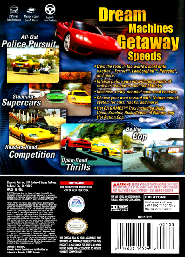 Need for Speed: Hot Pursuit 2 back of case for Nintendo GameCube (GC) racing video game
