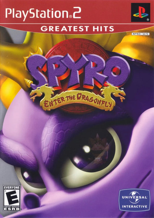 Spyro Enter the Dragonfly Greatest Hits PlayStation 2 PS2 for retro video game enthusiasts featuring 3D platforming gameplay dragon adventure exploration collectible gems puzzle solving colorful fantasy worlds Spyro abilities and collectible gaming appeal cover art
