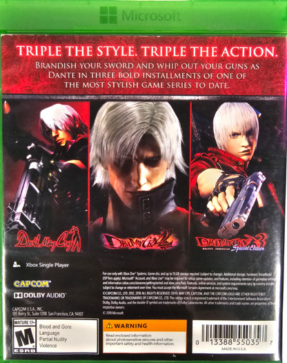 Devil May Cry HD Collection Xbox One XONE for action hack and slash video game fans featuring Dante demon hunting intense sword and gun combat powerful combos supernatural enemies challenging boss battles stylish action multiple adventures and high definition classic gameplay collectible gaming appeal back cover art