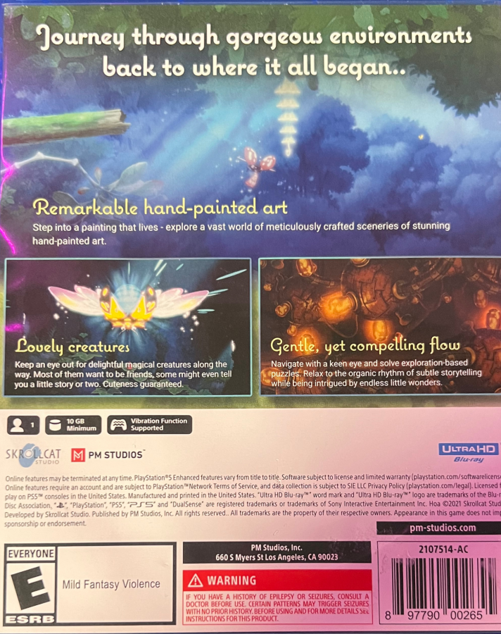 Hoa PlayStation 5 PS5 for relaxing platforming adventure video game fans featuring hand painted visuals beautiful nature environments puzzle solving exploration whimsical characters atmospheric storytelling gentle gameplay and charming fantasy adventure collectible gaming appeal back cover art
