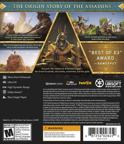 Assassin’s Creed: Origins for Xbox One with ancient Egyptian open-world adventure theme back cover