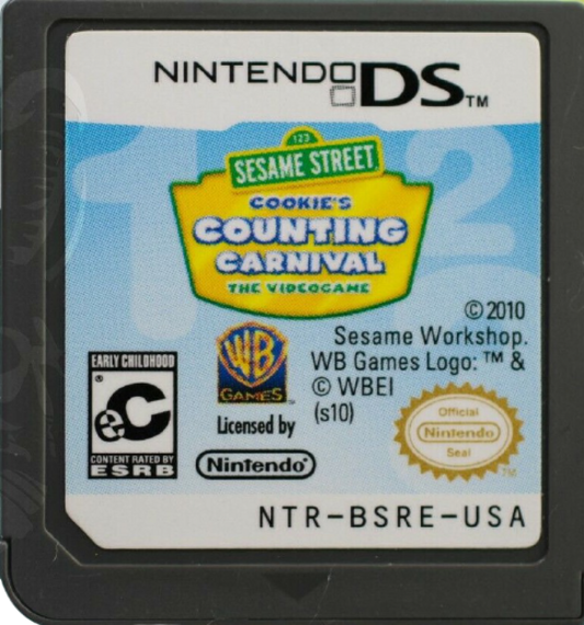 Sesame Street Cookie’s Counting Carnival for Nintendo DS, cartridge for an educational video game with counting activities, mini-games, math challenges, and family-friendly learning gameplay