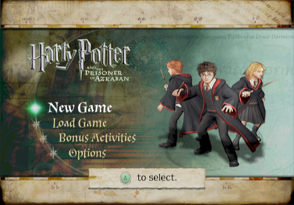 Harry Potter and the Prisoner of Azkaban start screen for GameCube (GC) action-adventure fantasy video game
