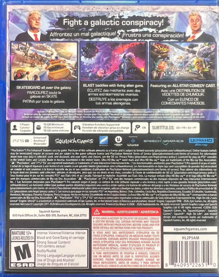 High on Life 2 PlayStation 5 PS5 for first person shooter video game fans featuring comedic sci fi action colorful alien worlds talking weapons bounty hunting missions fast paced gunplay platforming exploration unique characters and irreverent humor with immersive next generation gameplay collectible gaming appeal back cover art