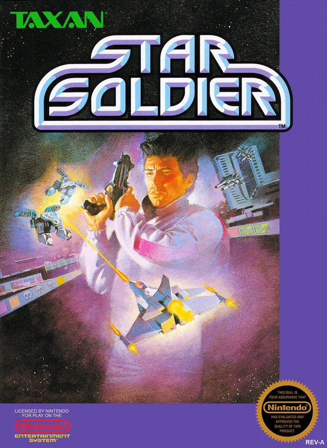 Star Soldier Nintendo Entertainment System NES video game featuring vertical scrolling shoot em up gameplay spaceship combat enemy waves power ups challenging stages boss battles and classic 8 bit arcade action retro video game collection collectible gaming appeal cover art