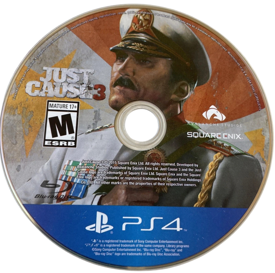 Just Cause 3 – PlayStation 4 (PS4) video game disc, open-world action-adventure game.