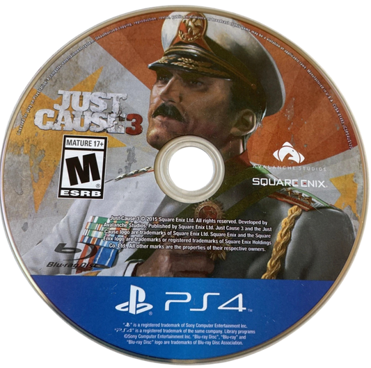Just Cause 3 – PlayStation 4 (PS4) video game disc, open-world action-adventure game.
