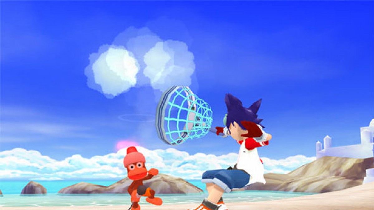 Ape Escape 3 PlayStation 2 platformer adventure game TV studio monkey capture Specter villain twin heroes Kei and Yumi transformation morphing abilities cowboy ninja knight gadgets net stun club vehicles tank sports car smarter monkey AI weapon stealing unlockable Mesal Gear Solid mini-game parody gameplay screenshot