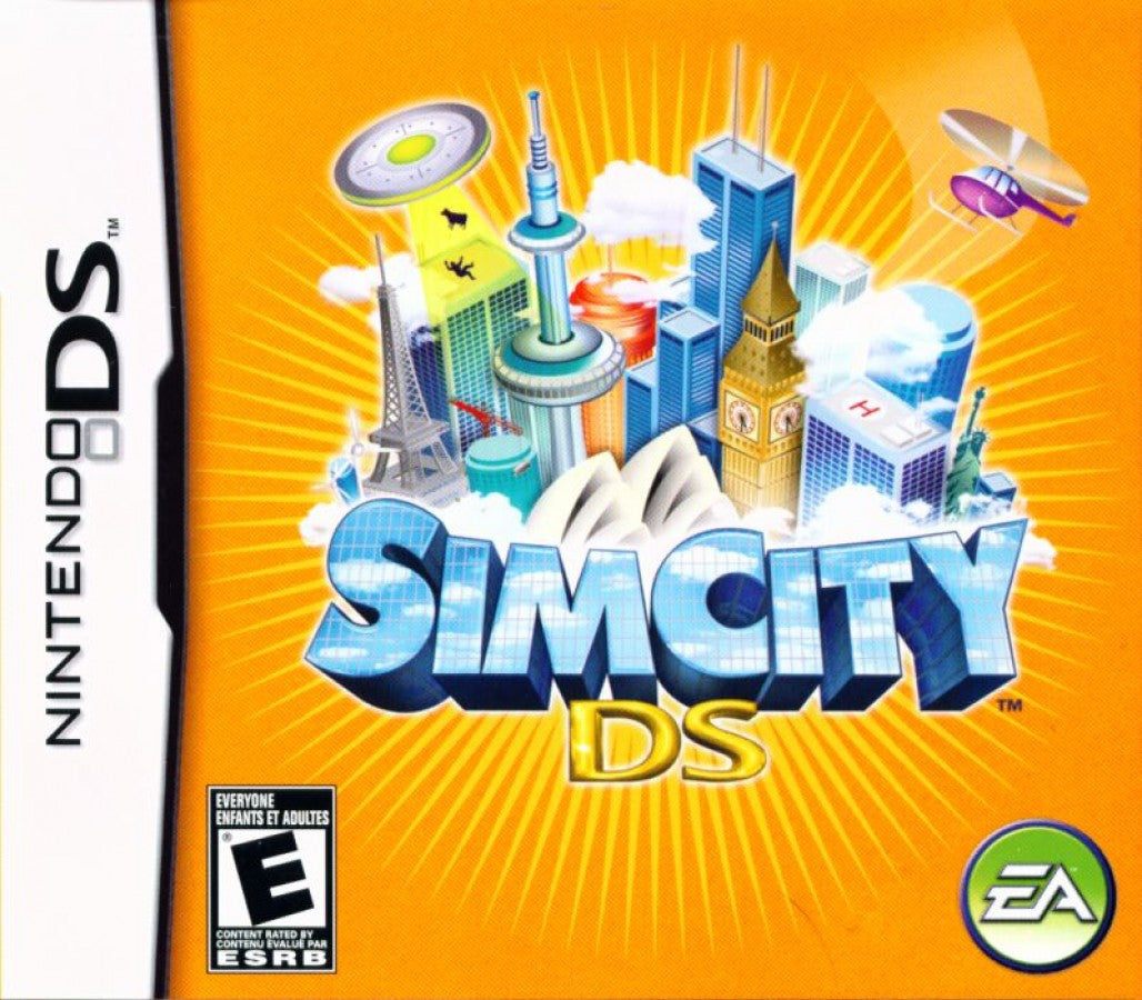 SimCity DS Nintendo DS cover art for retro video game featuring city building simulation gameplay urban planning and resource management growing metropolitan skylines strategic development decisions transportation systems civic infrastructure and portable strategy gaming experience