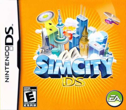 SimCity DS Nintendo DS cover art for retro video game featuring city building simulation gameplay urban planning and resource management growing metropolitan skylines strategic development decisions transportation systems civic infrastructure and portable strategy gaming experience