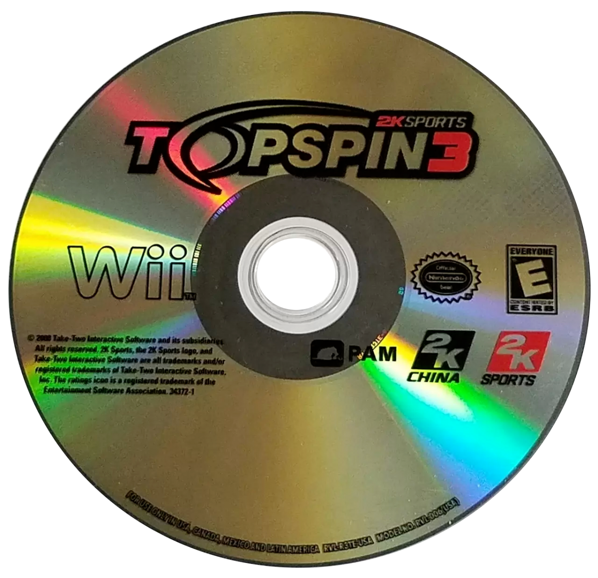 Top Spin 3 disc art for Nintendo Wii (Wii) featuring realistic tennis simulation with motion‑controlled swings, pro player roster, and career tournaments.