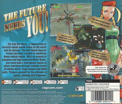 Cannon Spike Sega Dreamcast DC for retro video game enthusiasts featuring fast paced arcade action shooting gameplay run and gun combat playable Capcom characters intense battles explosive attacks futuristic enemies classic Dreamcast collectible gaming appeal back cover