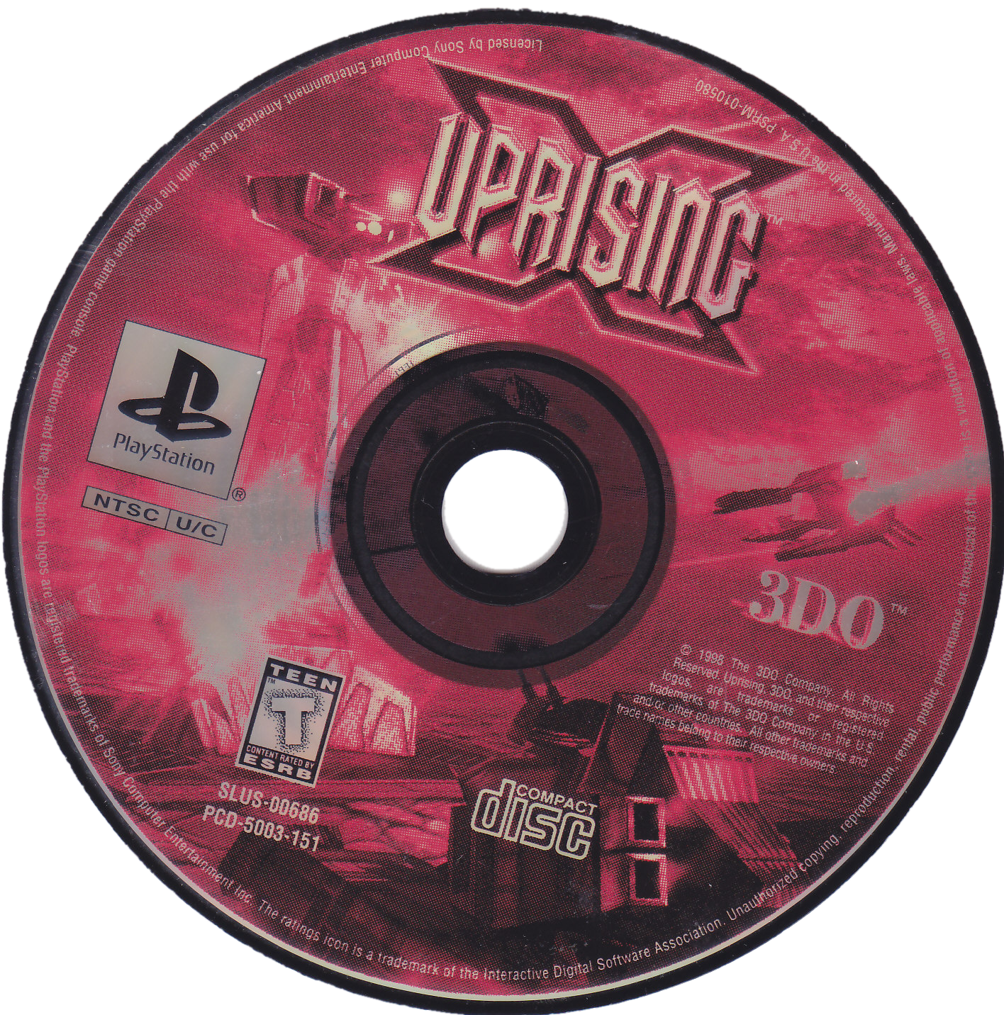 Uprising X for PlayStation 1 arcade shooter video game featuring fast paced on rails action futuristic sci fi settings intense enemy encounters and classic late era PS1 arcade style gameplay experience disc