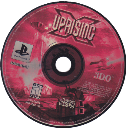 Uprising X for PlayStation 1 arcade shooter video game featuring fast paced on rails action futuristic sci fi settings intense enemy encounters and classic late era PS1 arcade style gameplay experience disc