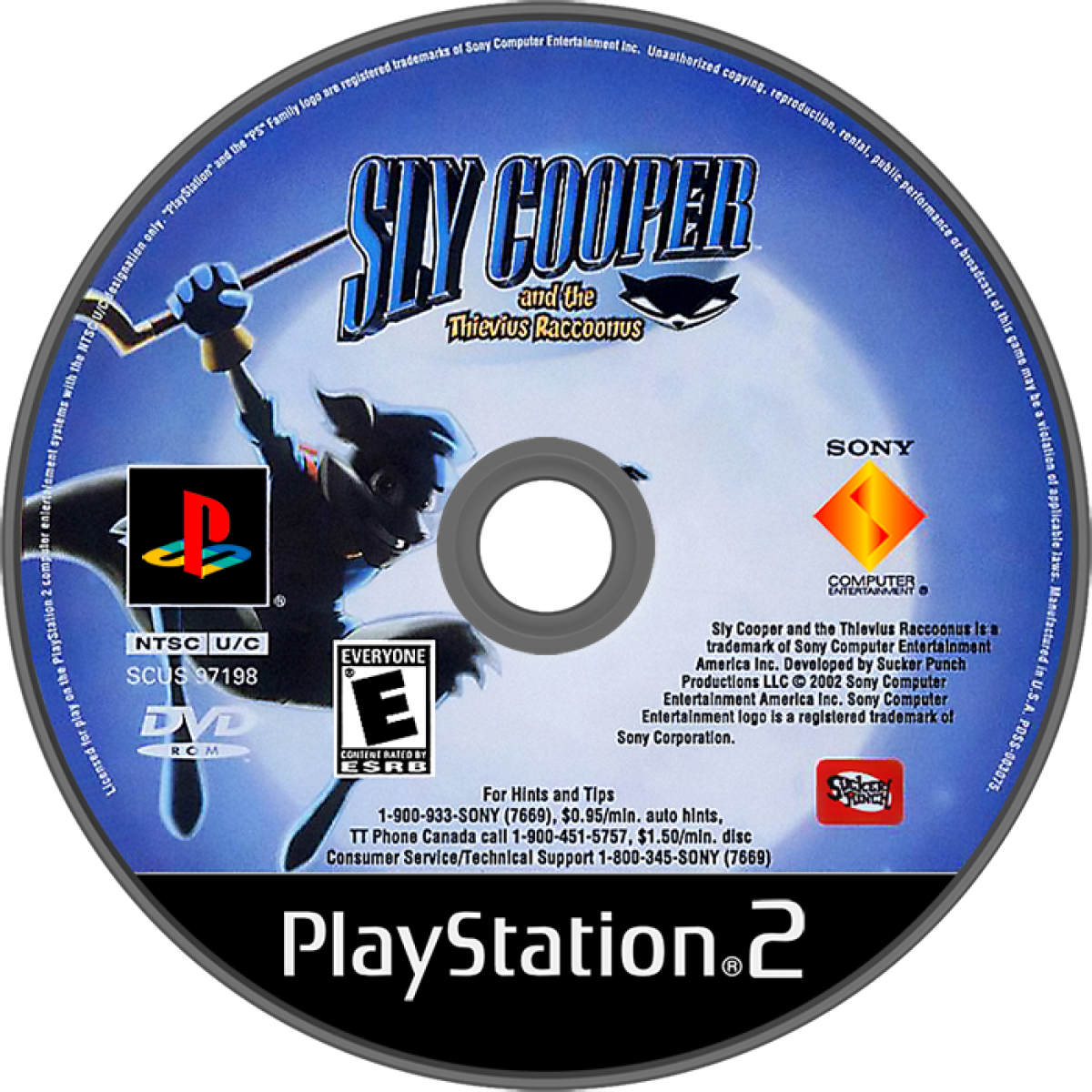 Sly Cooper and the Thievius Raccoonus – PlayStation 2 (PS2) video game disc, action-platformer game.