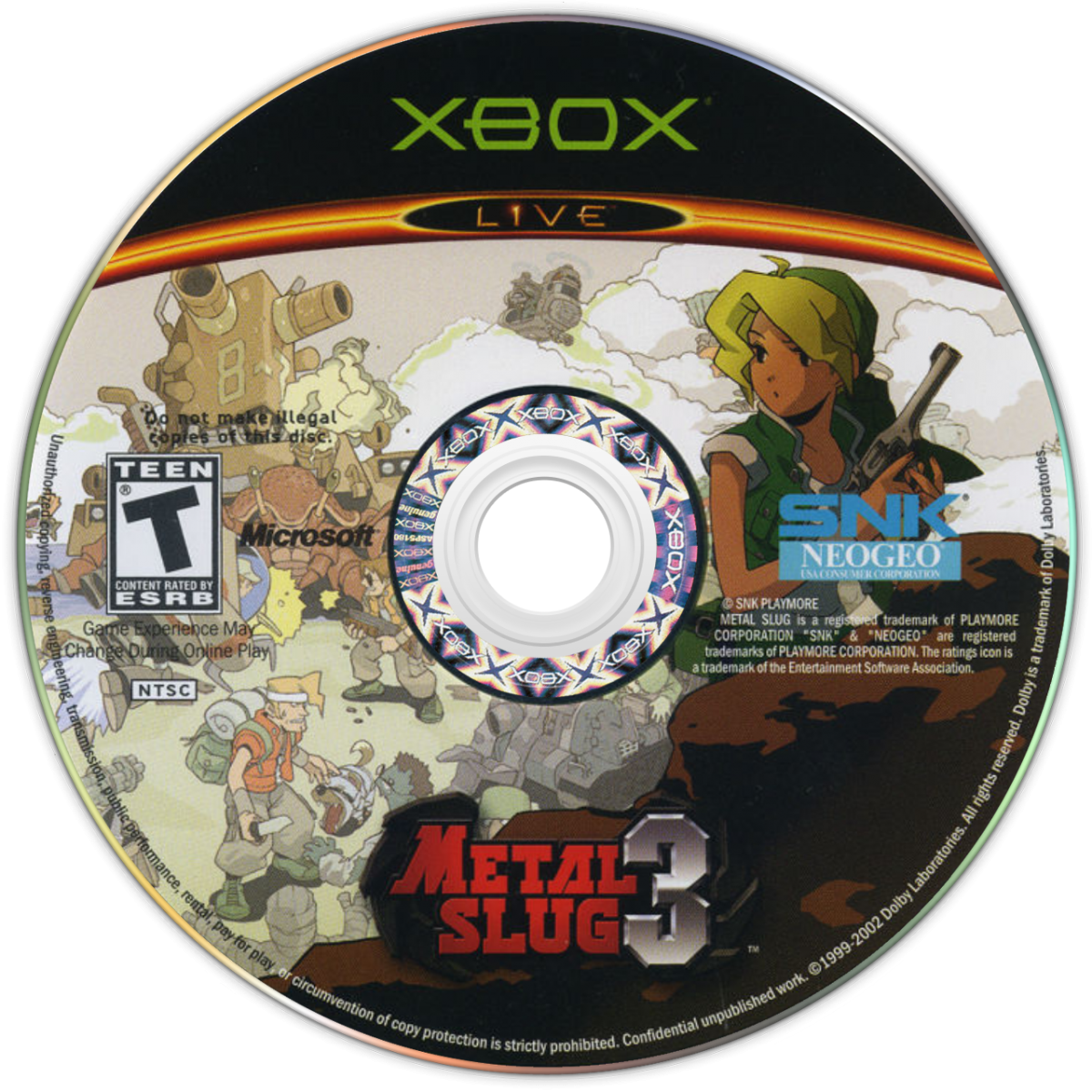 Metal Slug 3 Xbox run and gun arcade shooter video game SNK Neo Geo side-scrolling action multiple branching paths player selectable characters Marco Eri Fio Germi Tarma Roving heavy machine gun shotgun flame shot rocket launcher enemy vehicles slug tank flying submarine camel slave zombie transformation aliens mummies yetis hidden missions unlimited continues cooperative gameplay classic 2D sprite animation challenging difficulty disc