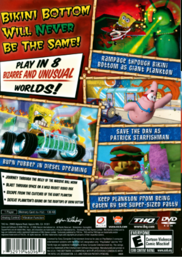 SpongeBob SquarePants Creature from the Krusty Krab PlayStation 2 PS2 video game, action platformer, cartoon-based adventure, Nickelodeon title back cover