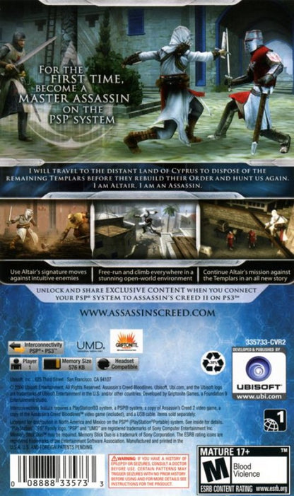 Assassin's Creed Bloodlines game back cover for PlayStation Portable video game