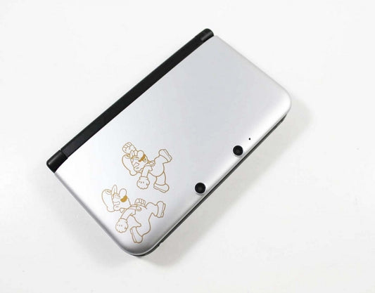 Nintendo 3DS XL Mario and Luigi Silver Edition console featuring exclusive metallic character design, dual screens, and portable handheld gaming experience top decal 