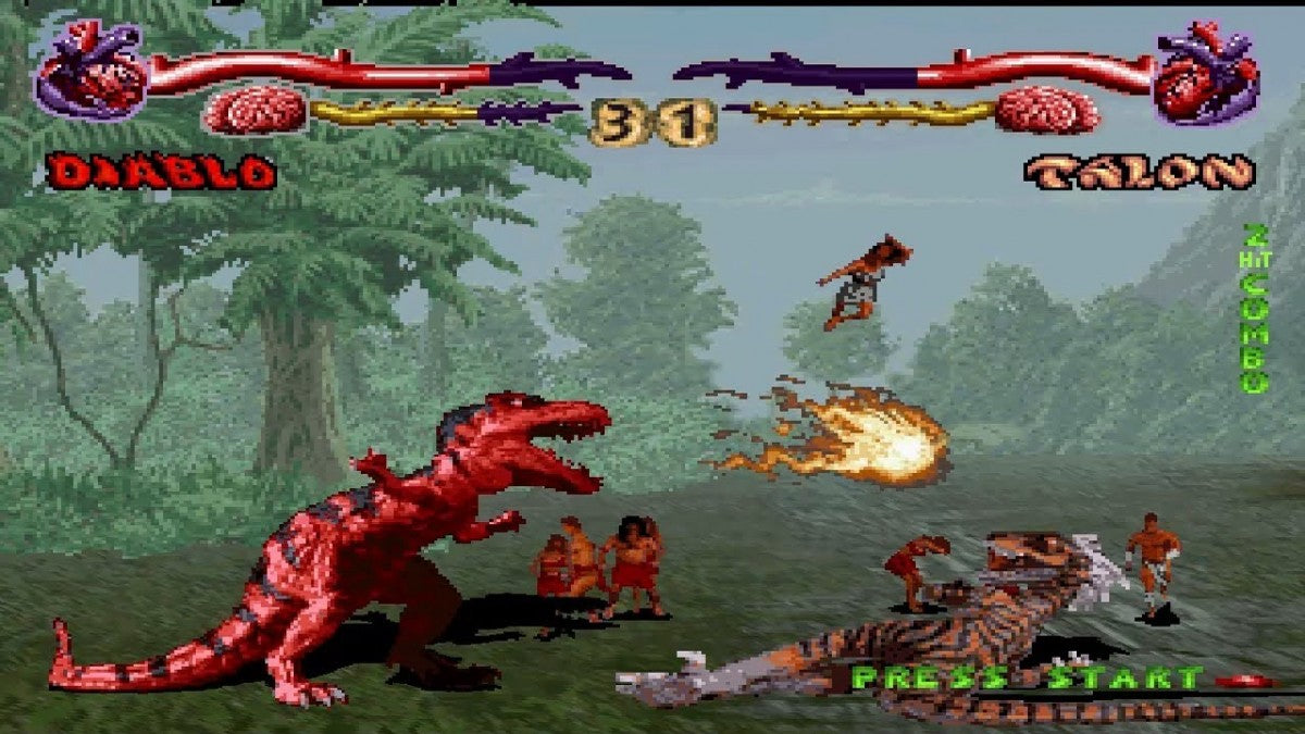 Primal Rage for PlayStation 1 fighting game featuring giant prehistoric beasts battling in arcade style combat long box packaging retro console release gameplay